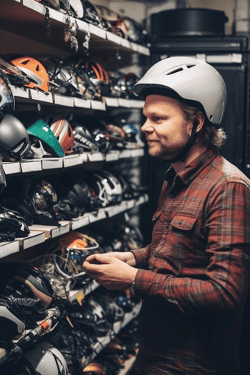 A white man with a helmet and cycling gear standing in front of a display rack filled with various types of bicycles, including mountain bikes, road bikes, and electric bikes. He is holding a cycling helmet in his hand and examining the features of a high-end road bike.
